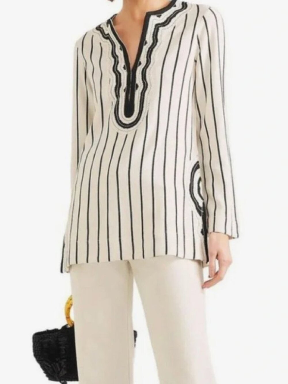 Tory Burch Filipa Tunic in New Ivory/Black Rayon Slub Stripe, SZ 14 NWT